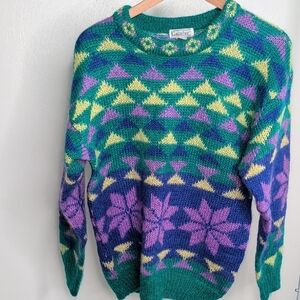 Vibrant Geometric Sweater in Green, Purple, and Yellow